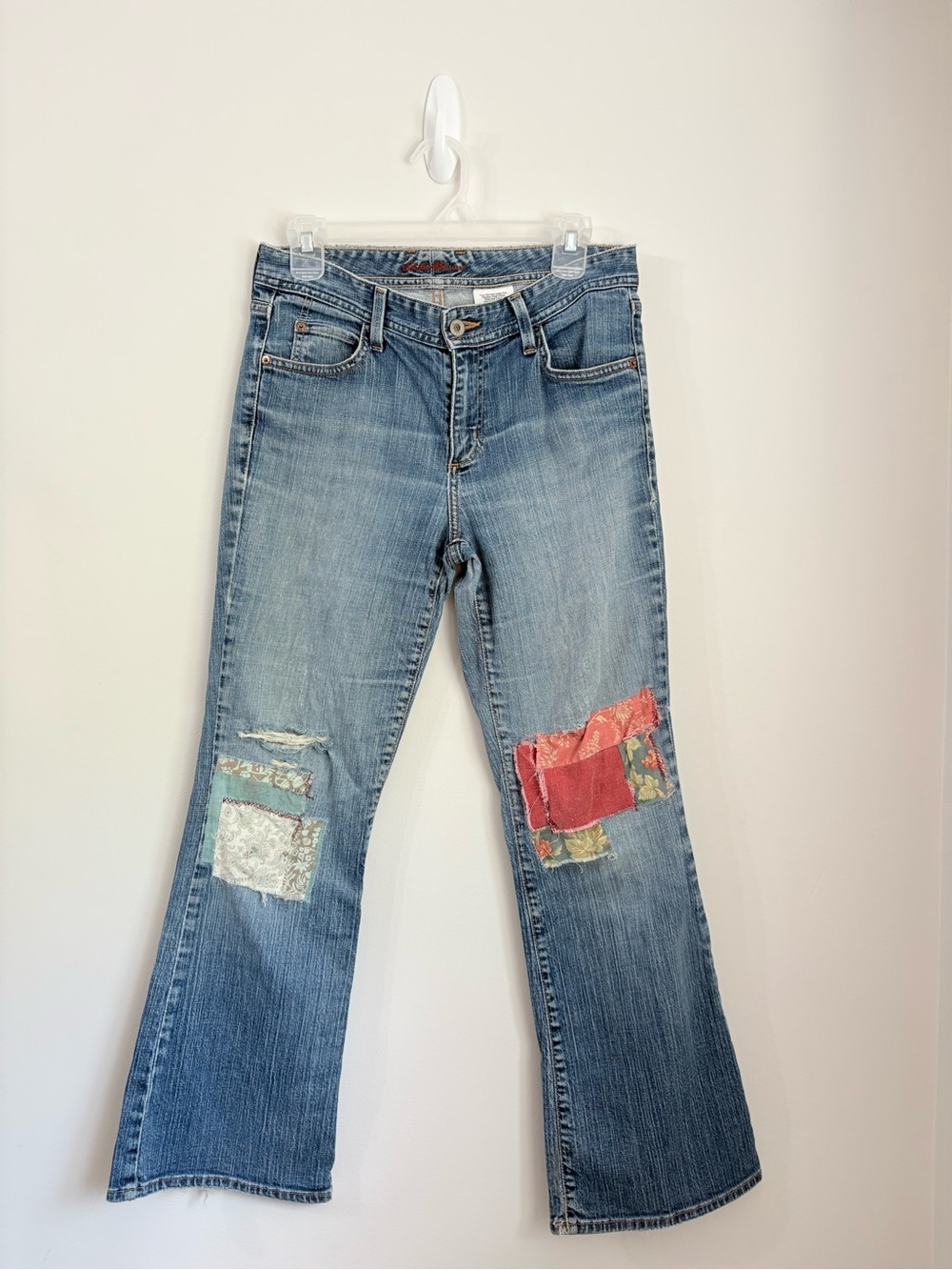 EDDIE BAUER Upcycled Patchwork Y2K Bootcut Jeans Womens M Granola Boho Earthy - Picture 2 of 5